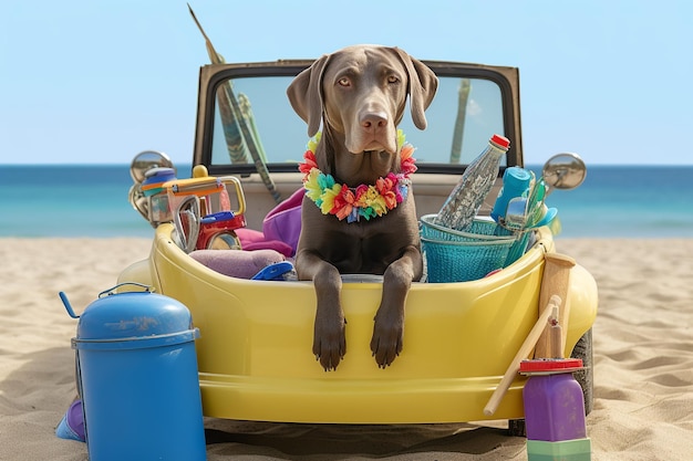 Zdjęcie labrador z okularami przeciwsłonecznymi otoczony przedmiotami plażowymi, uroczymi i zabawnymi koncepcjami wakacji