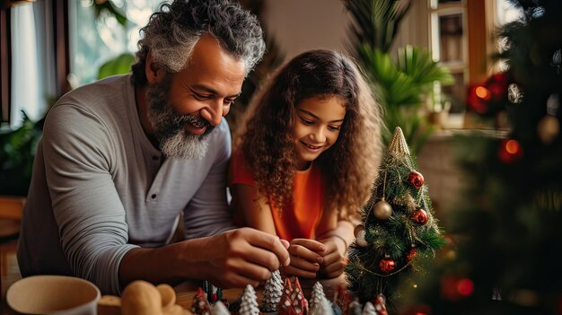 Łaciński ojciec i córka dekorują małą choinkę świąteczną w domu w letni dzień Generatywna sztuczna inteligencja