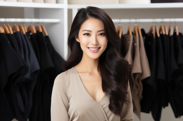 Ładna azjatycka kobieta uśmiecha się i trzyma torby na zakupy, czuje się szczęśliwa i cieszy się wyprzedażą w czarny piątek w centrum handlowym