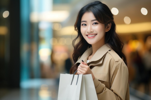 Ładna azjatycka kobieta uśmiecha się i trzyma torby na zakupy, czuje się szczęśliwa i cieszy się wyprzedażą w czarny piątek w centrum handlowym