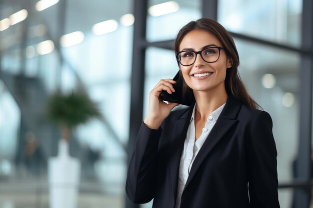 Ładna bizneswoman w garniturze rozmawia przez telefon.