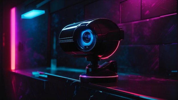 Ładna czarna kamera bezpieczeństwa umieszczona na szczycie błyszczącej oświetlonej żyjącym neonowym światłem