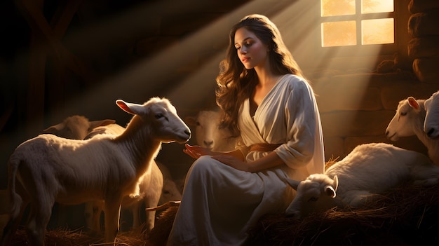 Ładna dziewczyna przytula słodkie białe owce na farmie Hodowla owiec