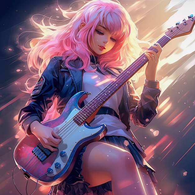 Ładna dziewczyna z anime grająca na gitarze basowej