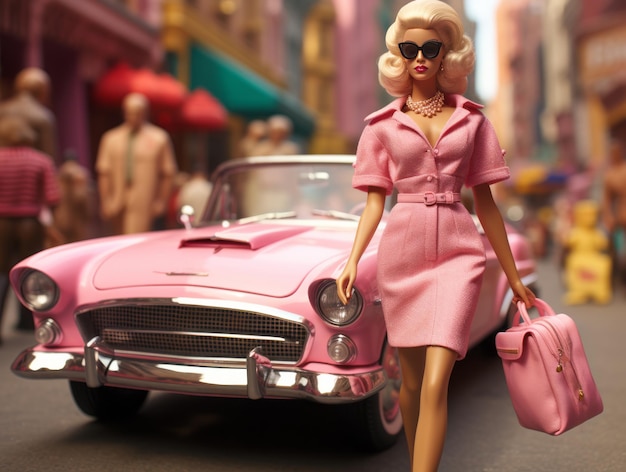 Ładna, elegancka, plastikowa lalka w różowych ubraniach z torbą obok różowego kabrioletu.