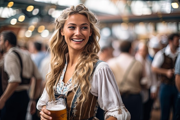 Ładna Europejka w tradycyjnym stroju świętuje festiwal piwa Oktoberfest