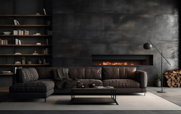 Ładna i stylowa skórzana kanapa w minimalistycznym salonie Generatywna sztuczna inteligencja