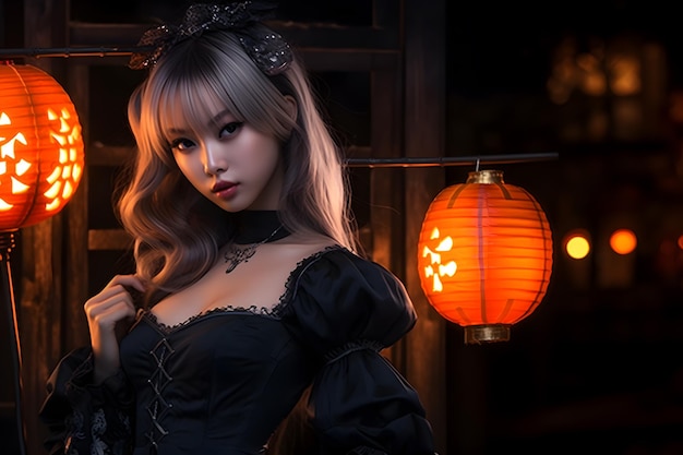 Ładna i urocza Azjatka ubrana w piękny gotycki kostium na Halloween na przyćmionym jasnym tle