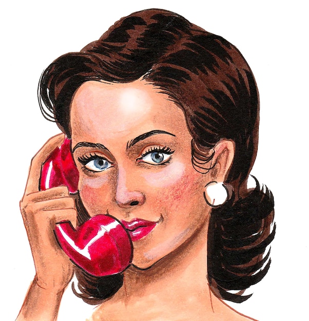 Ładna kobieta mówi na czerwony telefon vintage. Rysunek tuszem i akwarelą