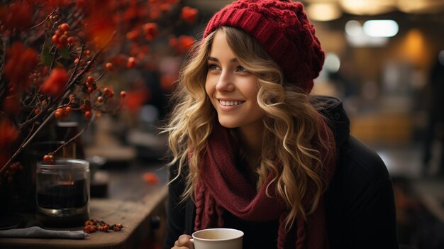 ładna kobieta pije herbatę w zimny jesienny lub jesienny dzień