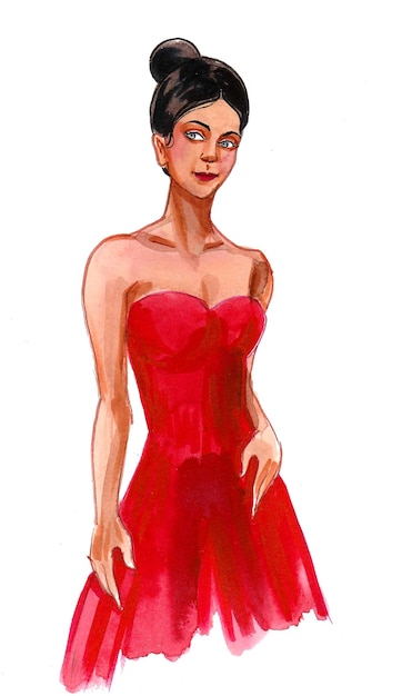 Ładna kobieta w czerwonej sukience. Rysunek tuszem i akwarelą