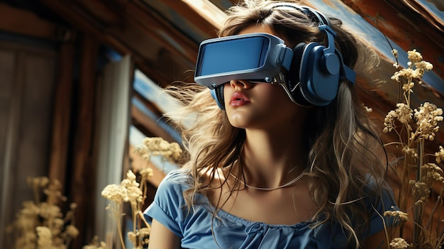 Ładna kobieta w kasku VR, ubrana w strój technologii ai wygenerowany