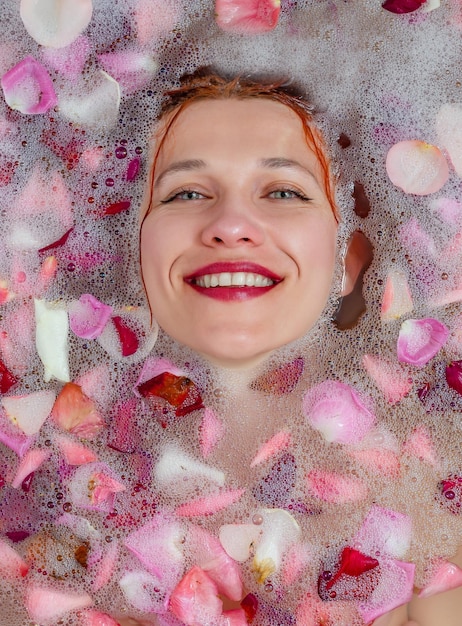 Ładna kobieta w łazience Twarz nad wodą Płatki róży w wodzie Relaks seksualności