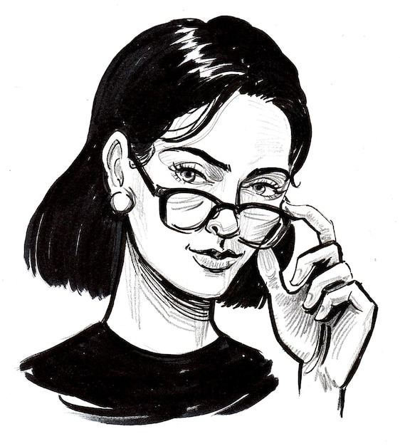 Ładna kobieta w okularach przeciwsłonecznych. Tusz czarno-biały rysunek