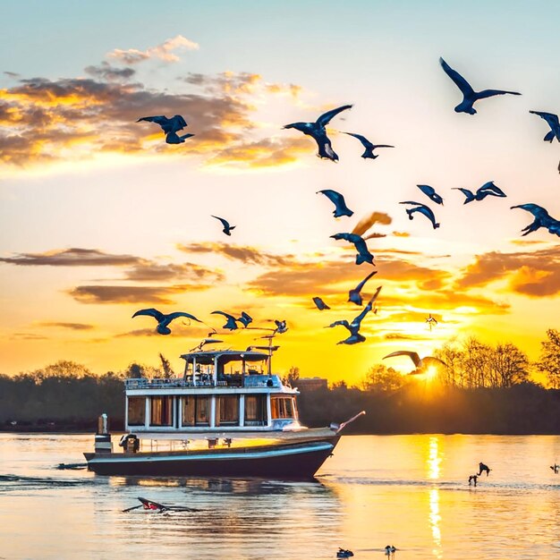Zdjęcie Ładna łódź z ładnymi ptakami.