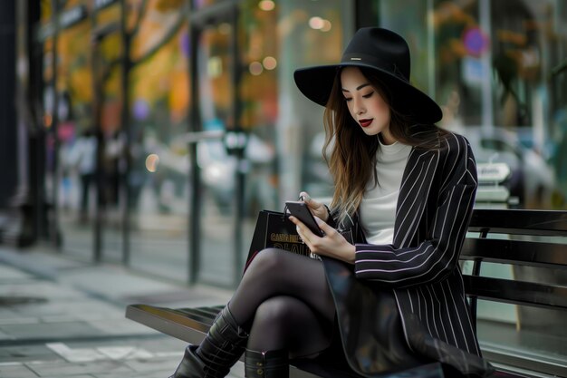 Ładna, mądra kobieta korzystająca ze swojego smartfona do czatu online ze swoim ukochanym. Patrzy skoncentrowana na ekranie swojego telefonu komórkowego, nosząc kapelusz i siedząc wygodnie na brzegu parku.