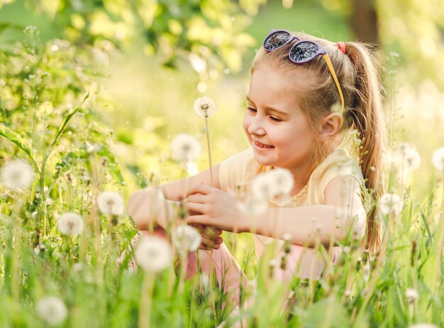 Ładna mała dziewczynka zbiera białych dandelions