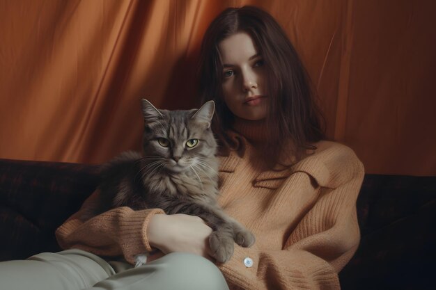 Ładna młoda brunetka, kaukaska kobieta i jej kot odpoczywający w sieci neuronowej, wygenerowane fotorealistycznie