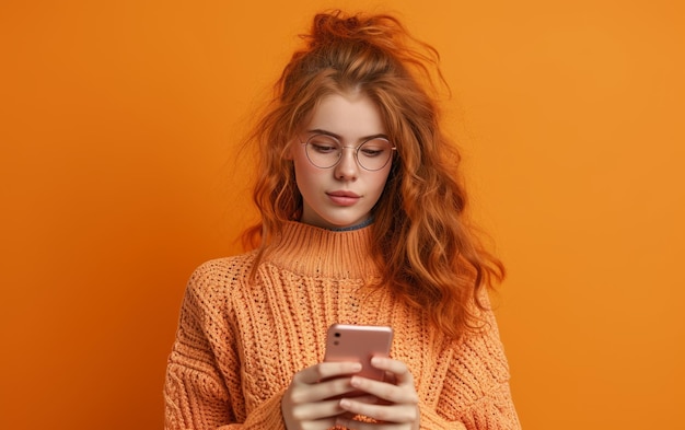 ładna młoda dama szukająca informacji na telefonie na pomarańczowym tle prawdziwe zdjęcie z
