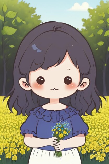 Ładna młoda dziewczyna w stylu anime kreskówek w żółtych kwiatach na tle tapety z figurką