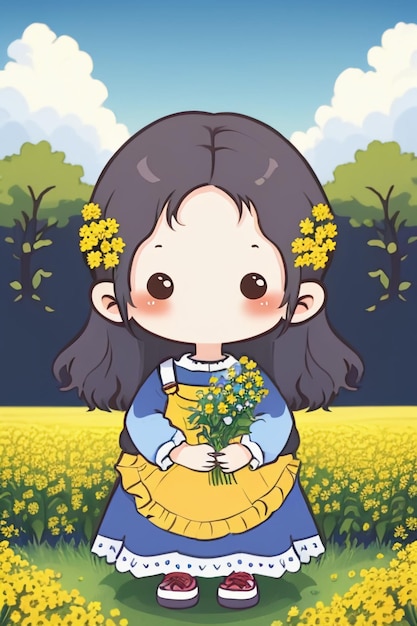 Ładna młoda dziewczyna w stylu anime kreskówek w żółtych kwiatach na tle tapety z figurką