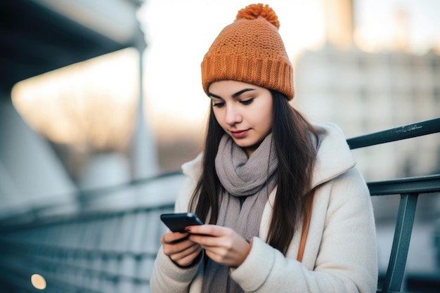 Ładna młoda kobieta czytająca wiadomości tekstowe na swoim telefonie utworzone za pomocą generatywnej ai