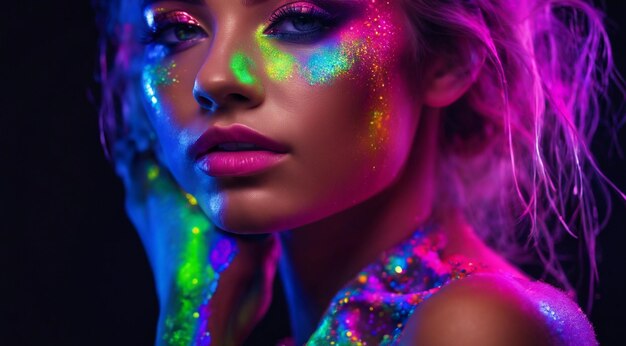 ładna młoda kobieta UV Neon Pigment Makeup Fluorescencyjne kolory ciemne tło kobieta z makijażem UV