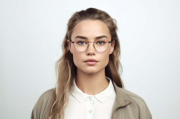 Ładna młoda kobieta w okularach na białym tle Headshot kaukaskiej dziewczyny w stylowych okularach patrzącej na kamerę Koncepcja zdrowego wzroku Reklama sklepu z okularami Generative AI
