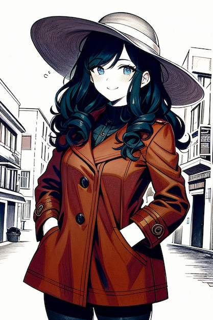 Ładna młoda piękna dziewczyna w ciemnym płaszczu i kapeluszu retro ilustracja tła