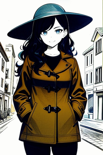 Ładna młoda piękna dziewczyna w ciemnym płaszczu i kapeluszu retro ilustracja tła