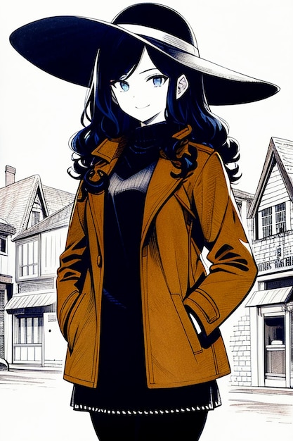 Zdjęcie Ładna młoda piękna dziewczyna w ciemnym płaszczu i kapeluszu retro ilustracja tła