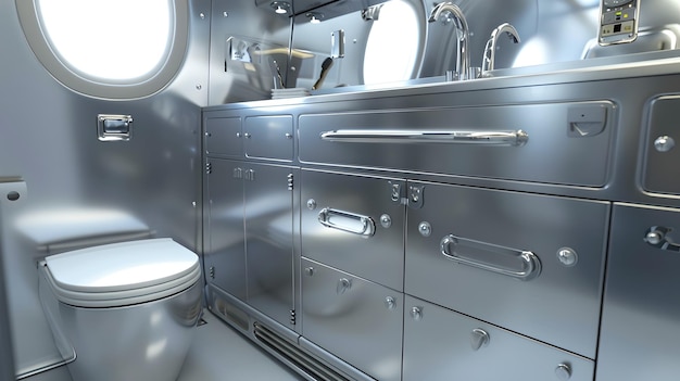 Ładna nowoczesna toaleta samolotowa z metalicznym wnętrzem Czysta i jasna przestrzeń w łazience w samolocie Idealna dla podróży i lotnictwa