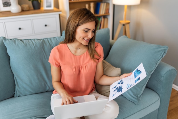 Ładna piękna kobieta pracuje na laptopie notebook usiądź na kanapie w domu sprawdź na analizie technologii kobieta koncepcja dla alternatywnych biura freelancer