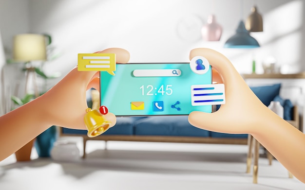 Ładna ręka trzyma ikony orientacji krajobrazu inteligentnego telefonu w salonie koncepcja przyszłości nowoczesnego życia 3D Render