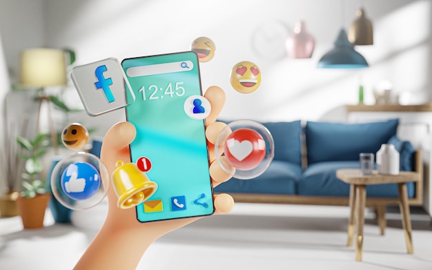 Zdjęcie Ładna ręka trzyma inteligentny telefon ikony facebooka w salonie koncepcja przyszłości nowoczesnego życia 3d render