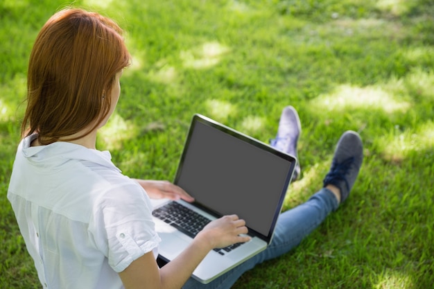 Ładna rudzielec używa jej laptop w parku