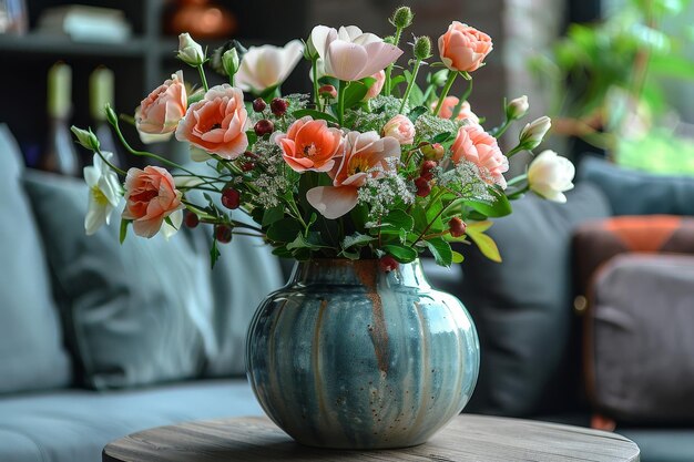 Ładna układka kwiatowa w ceramicznym wazonie na drewnianym stole