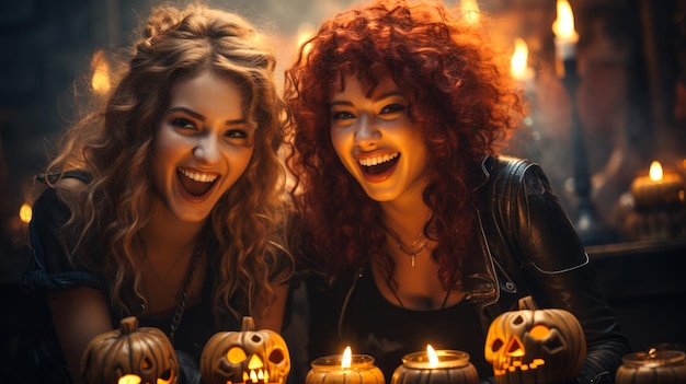 Ładne dziewczyny śmieją się i świętują przyjęcie halloweenowe