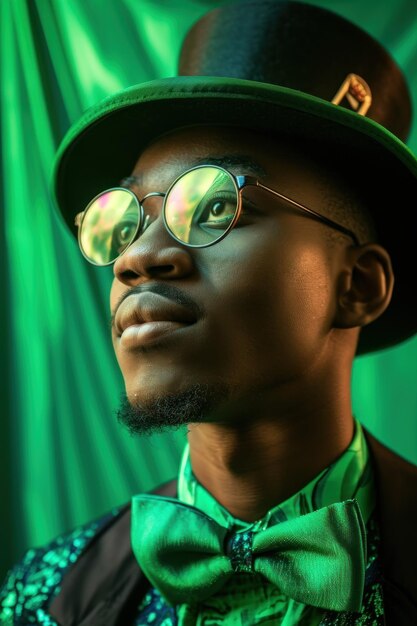 Zdjęcie Ładny afroamerykanin w kapeluszu i okularach na zielonej zasłonie.