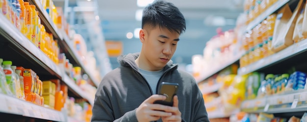 Ładny Azjat przechodzi przez korytarz supermarketu, przeglądając półki i szukając artykułów spożywczych z listy telefonów komórkowych trzymanej w ręku