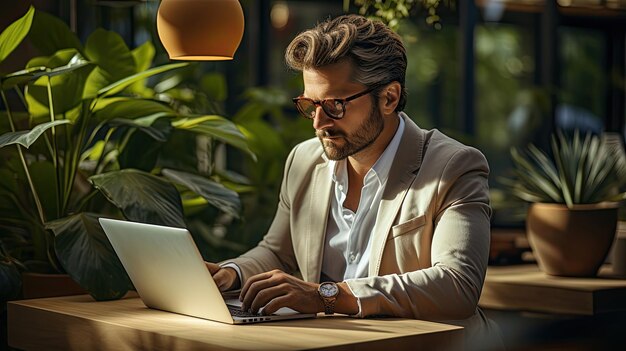 Ładny biały mężczyzna pracujący na laptopie siedząc za biurkiem w salonie Freelancer mężczyzna profesjonalny piszący ważny e-mail z pracy w domu