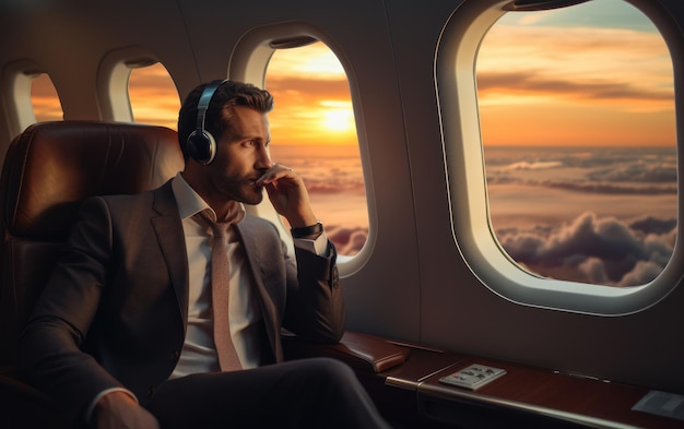 Ładny biznesmen patrzący przez okno samolotu używając słuchawek w prywatnym odrzutowcu