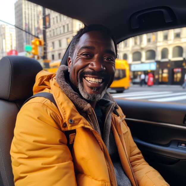 Ładny, czterdziestopięcioletni czarny mężczyzna zatrzymuje taksówkę w tętniącym życiem Nowym Jorku