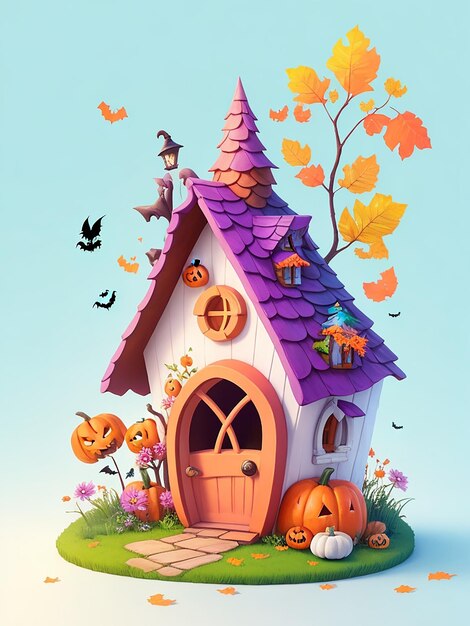 Ładny dom wróżki żywe kolory halloween czyste tło białe tło