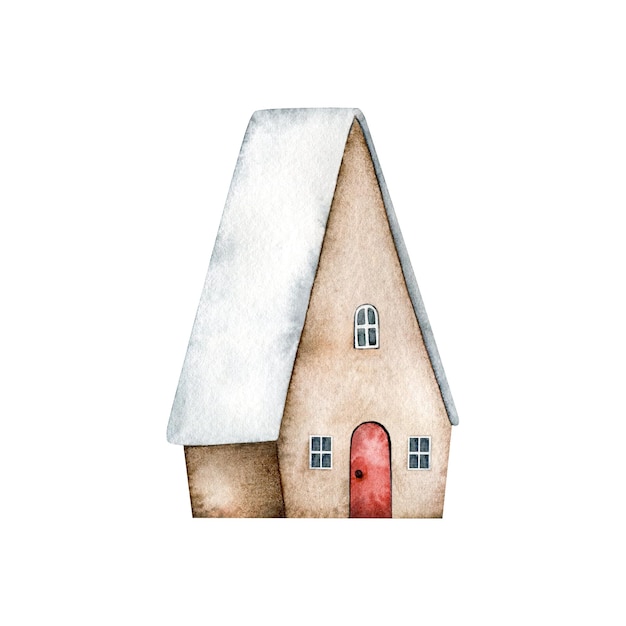 Ładny dom z czerwonymi drzwiami, oknami i śniegiem na dachu na białym tle na tle wyciągnąć rękę
