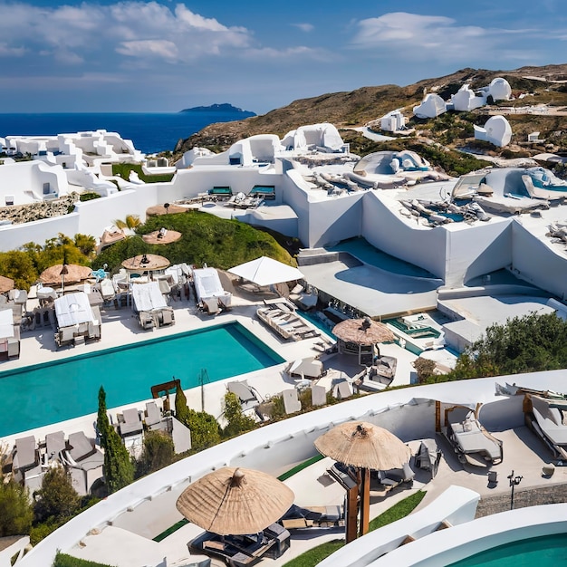 Ładny, duży, biały hotel z dużą ilością basenów na Santorini