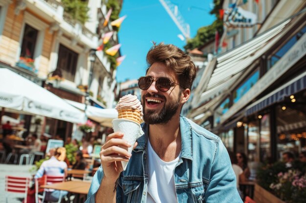 Ładny dżentelmen pijący lody Alfresco w miejskim splendorze w jasny i słoneczny dzień