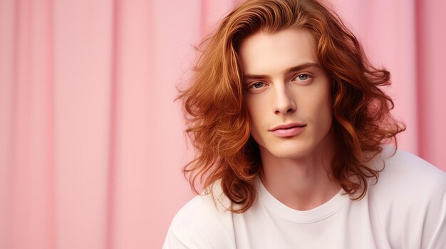 Ładny, elegancki, seksowny, uśmiechnięty mężczyzna z doskonałą skórą i długimi czerwonymi włosami na różowym tle.