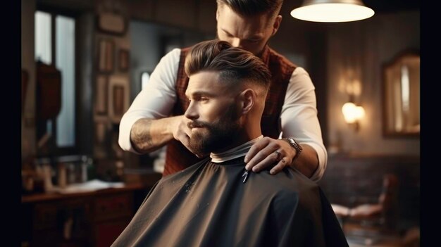 Ładny fryzjer obcinający włosy klientowi fryzjerowi obsługującemu klienta w fryzjerskim sklepie