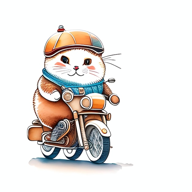 Ładny, gruby kot, kask, jadący na motocyklu, szkic akwarelowy. Ilustracja generatywna AI w stylu Grunge